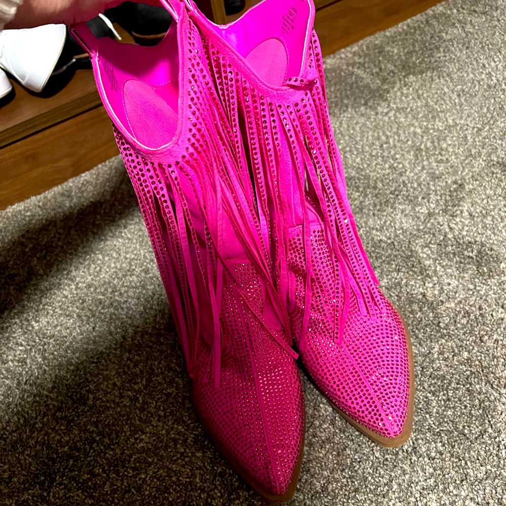 Hot pink bling and fringe cowgirl boots size 10 wore them for 1 event.